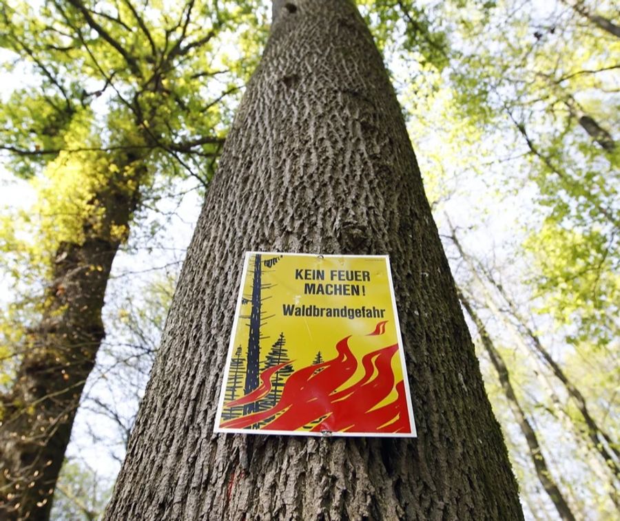 Ein Schild im Bremgartenwald in Bern weist auf die Waldbrandgefahr hin (Archiv).