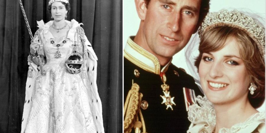 Das Krönungskleid von Queen Elizabeth II. (li.) und das Hochzeitsdiadem von Prinzessin Diana werden für die Öffentlichkeit ausgestellt.