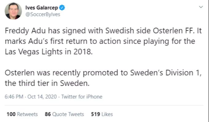 Journalist Ives Galarcep gibt den Transfer Adus via Twitter bekannt. Freddy Adu