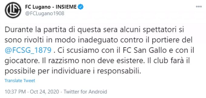 Der FC Lugano entschuldigt sich auf Twitter für das Verhalten seiner Anhänger. FC Lugano