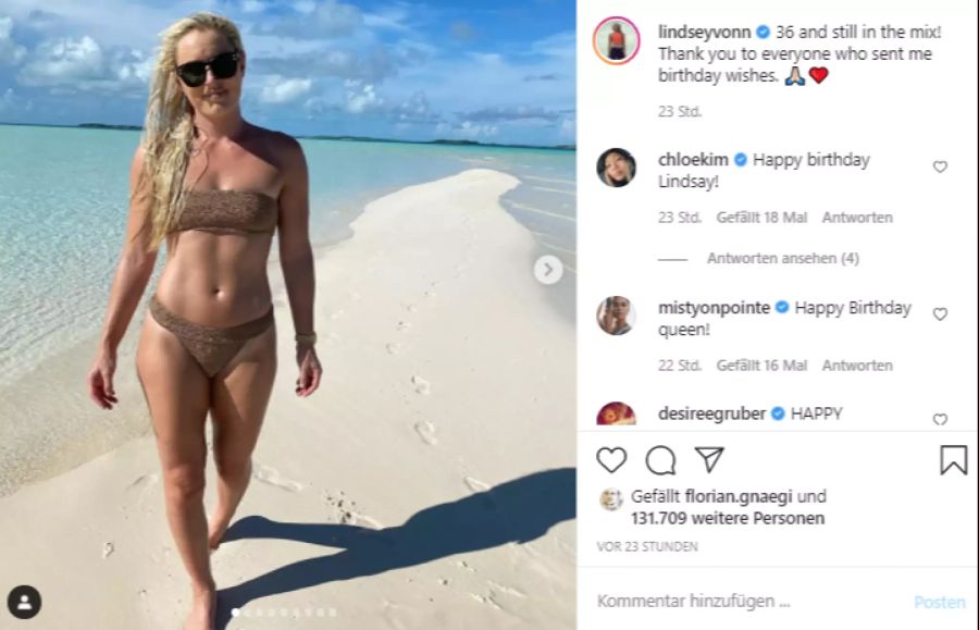 Lindsey Vonn feiert ihren Geburtstag am Strand.