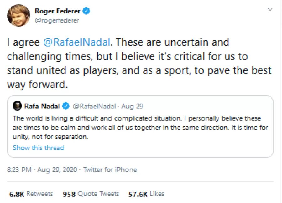 In einem Tweet unterstützte er Rafael Nadals Forderung nach Einigkeit und gegen Separation.