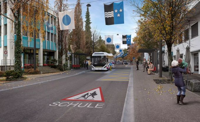 So war es mal gedacht: Die offizielle Visualisierung der sanierten Bahnhofstrasse – mit Bus und Bäumen. Bahnhofstrasse Lenzburg