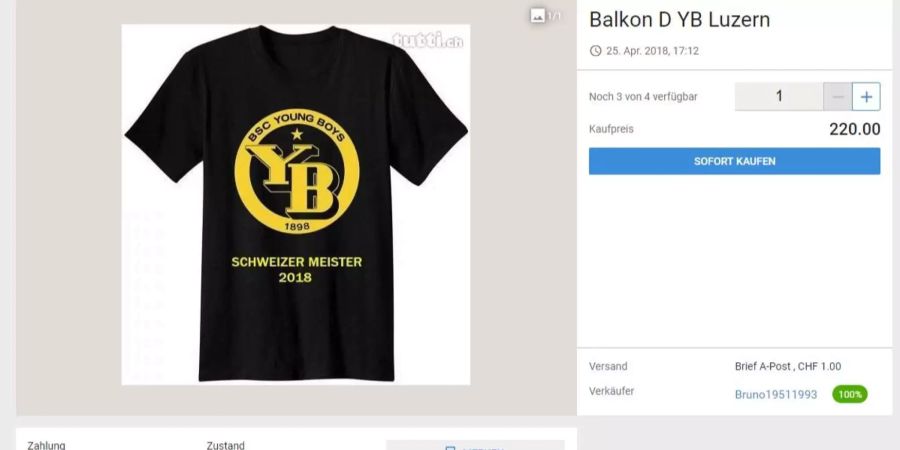 Der User Bruno19511993 hat noch drei Tickets für das Spiel vom Samstag zwischen YB und Luzern übrig und verkauft diese für je 220 Franken.
