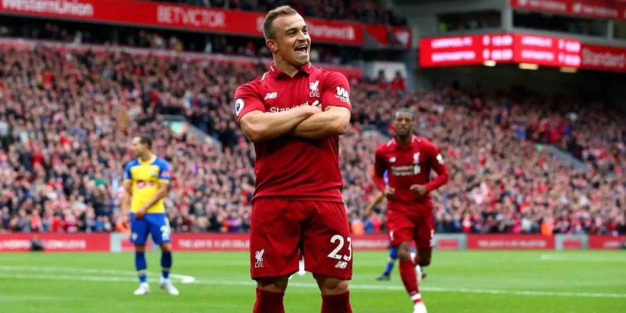 Xherdan Shaqiri posiert nach dem Tor zum 1:0 für Liverpool gegen Southampton.