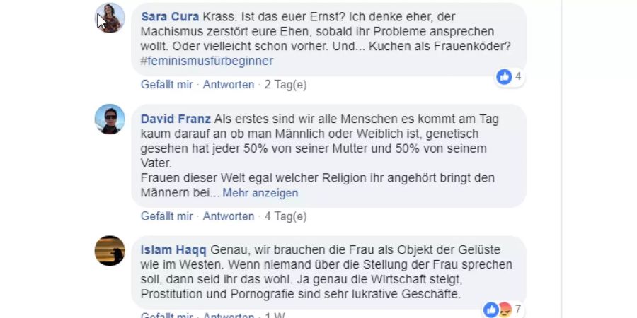 User kommentieren den IZRS-Post zum Thema Islam und Feminismus.