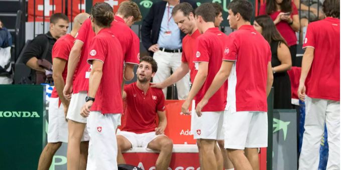 Das Schweizer Team um Captain Severin Lüthi am Davis Cup. Davis Cup.