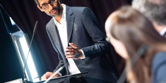 Google-CEO Sundar Pichai bei der Eröffnung der Hauptstadtrepräsentanz der Google Germany GmbH in Berlin. Foto: Bernd von Jutrczenka Google Pichai