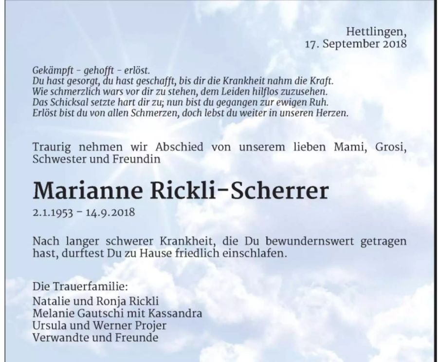 Die Traueranzeige von Marianne-Rickli.