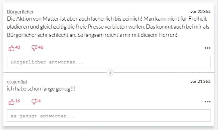 Diese zwei bürgerlichen User sehen einen Widerspruch in Matters Ärger.