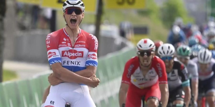 Feierte seinen zweiten Etappensieg bei der 85. Tour de Suisse: Mathieu van der Poel. Foto: Gian Ehrenzeller/KEYSTONE/dpa