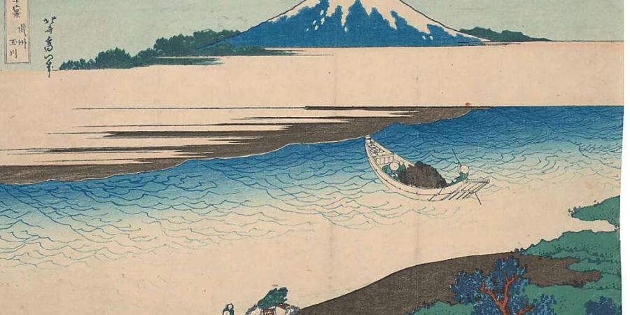 «Der Fluss Tama (Tamagawa) in der Provinz Musashi» von Katsushika Hokusai aus der Serie «36 Ansichten des Berges Fuji» in der Ausstellung «Made in Japan» im Kunstmuseum Basel.