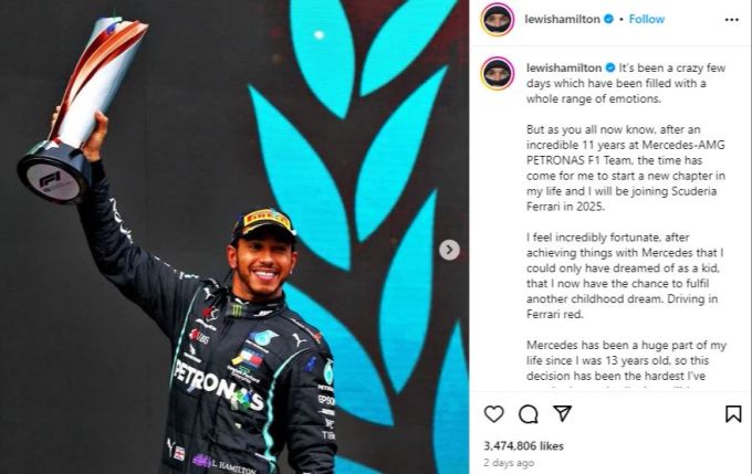 Lewis Hamilton erklärt die Beweggründe für seinen Abschied von Mercedes. Lewis Hamilton Mercedes Instagram