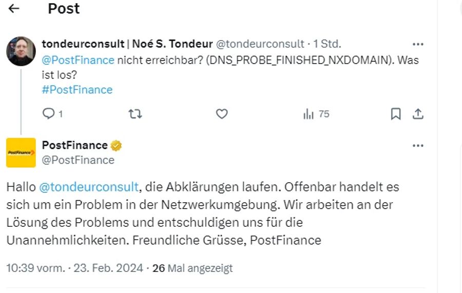 Postfinance bestätigt einem User auf der Plattform «X», dass ein Problem vorliegt.