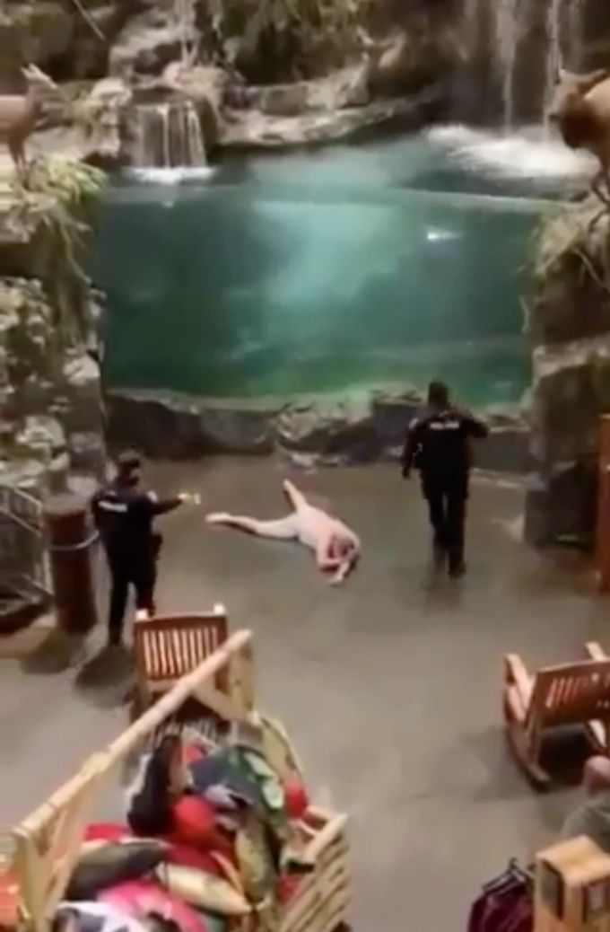 Selbst die Polizeibeamten waren mit der Situation überfordert. Mann liegt vor Aquarium