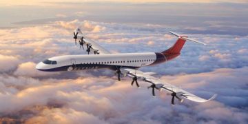 Elektroflugzeug Werbegrafik Flieger über den Wolken