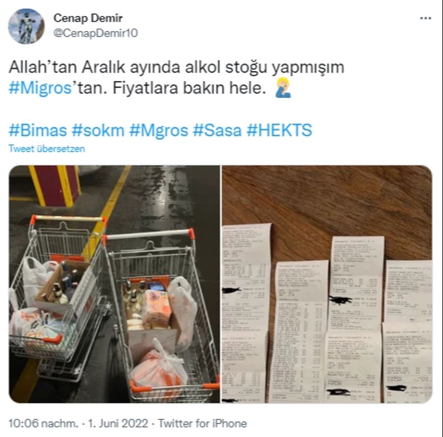 Ein Kunde teilt in den sozialen Medien ein Bild seines Alkohol-Einkaufs in der türkischen Migros.