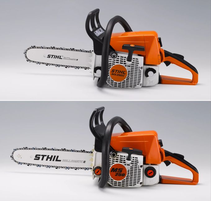 Gerade bei Geräten ist es schwierig, Plagiate zu erkennen, wie dieses Beispiel einer Kettensäge zeigt: Oben das Original, unten die Fälschung. Kettensäge Stihl Original Fälschung