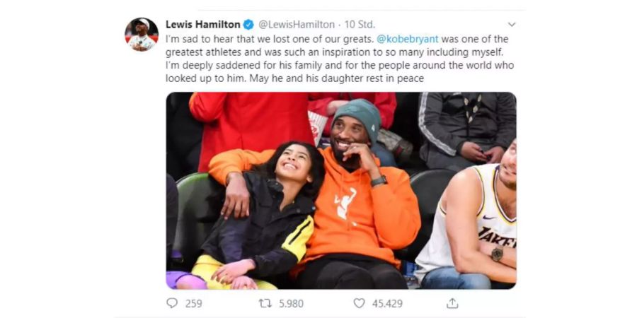 «Kobe Bryant war einer der grössten Athleten und eine Inspiration für so viele, auch für mich», schreibt Lewis Hamilton.