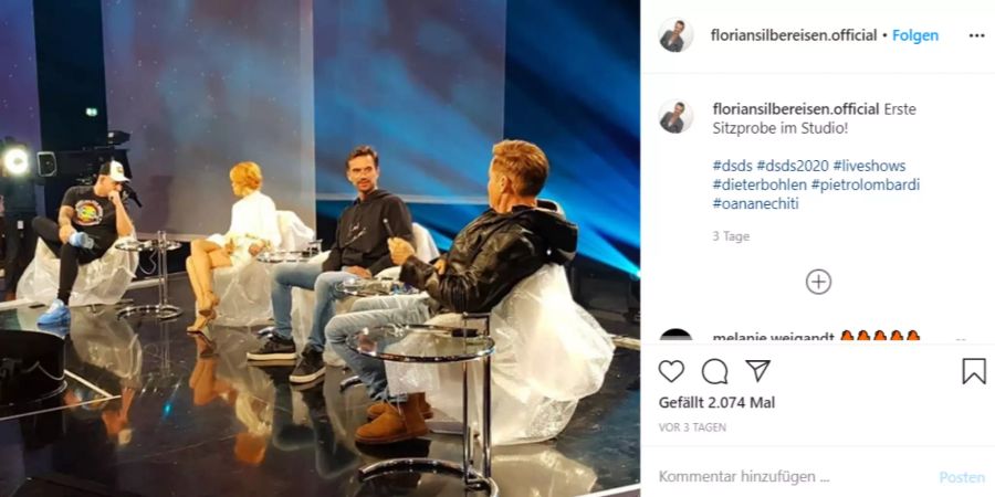 Hier zeigt sich Silbereisen mit versammelter «DSDS»-Jury im RTL-Studio.