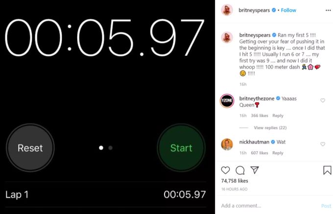Mit diesem Screenshot behauptet Britney Spears, sie sei 100 Meter in 5,97 Sekunden gelaufen. Britney Spears