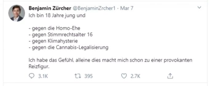 Der Stein des Anstosses: der Tweet von Benjamin Zürcher (junge EVP). Benjamin Zürcher EVP