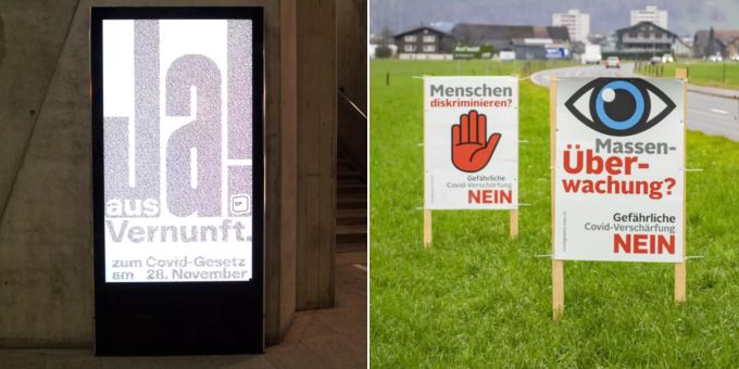 Werbung für und gegen das Covid-19-Gesetz. Es wird eine hohe Stimmbeteiligung für den 28. November erwartet. Covid-19-Gesetz Kampagne