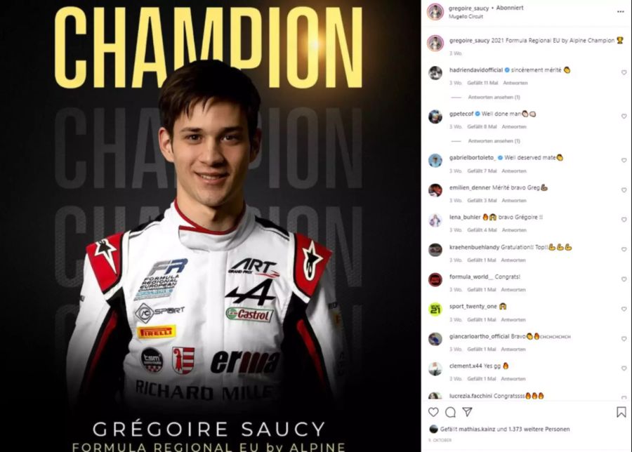 Gregoire Saucy feiert seinen Titel in der Formel-Regional Europa.