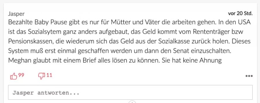 Jasper schildert, dass das Sozialsystem in den USA ganz anders aufgebaut ist. Dass dies Meghan Markle mit einem Brief lösen möchte, stösst ihm sauer auf.