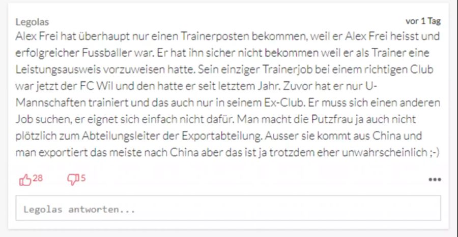 Alex Frei sei zwar ein guter Fussballer, aber kein guter Trainer, findet dieser User.