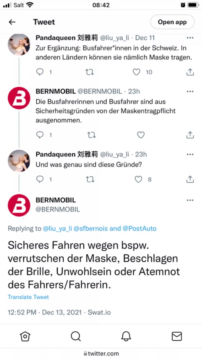 Bernmobil erklärt, weshalb die Chauffeure maskenfrei unterwegs sind. Coronavirus