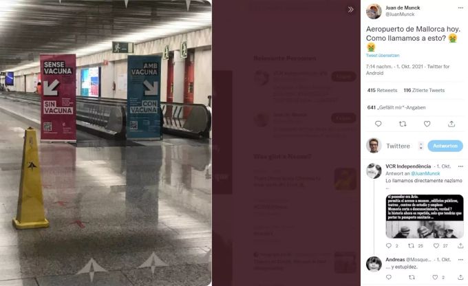 Die Schilder am Flughafen von Palma de Mallorca teilen bei der Einreise die vollständig Geimpften von den Ungeimpften und den Teil-Geimpften. Palma de Mallorca