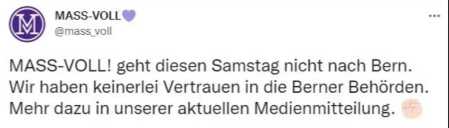 So hat nun auch die Gruppierung «Massvoll» ihre Anhänger dazu aufgerufen, die Demo am Samstag zu meiden.