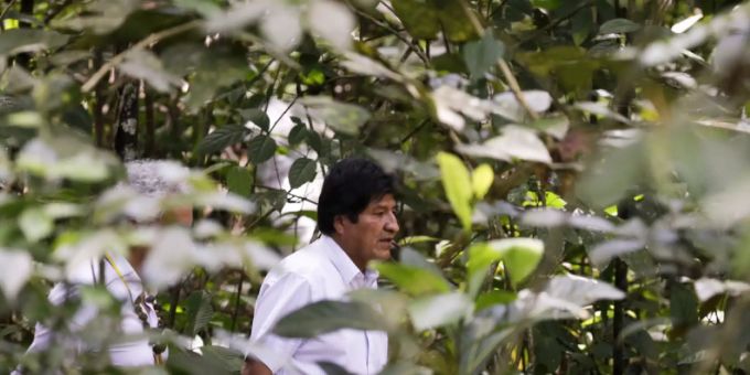 Boliviens damaliger Präsident Evo Morales letzten Herbst im kolumbianischen Amazonas-Wald. Anlass war ein Gipfeltreffen zur Rettung des Regenwalds. Ein bisschen was hat die Diskussion genützt: In Kolumbien wurde seither etwas weniger gerodet. (Archivbild) Kolumbien Präsident Abholzung