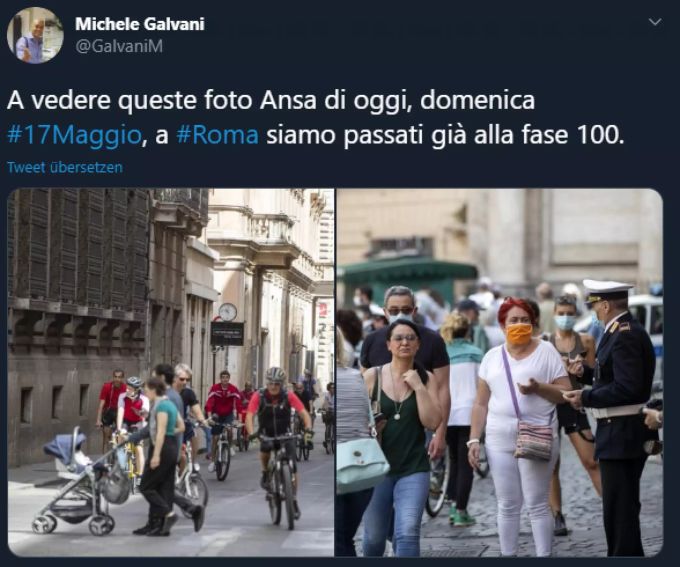 Spaziergänger und Velofahrer auf den Strassen Roms am Sonntag, 17. Mai. Italien Coronavirus Lockerung
