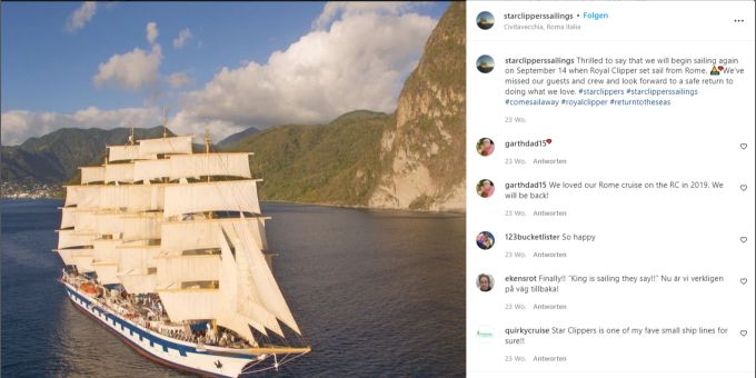 Die Royal Clipper wird im Sommer wieder in See stechen. Hier verlässt sie den Hafen von Rom. royal clipper