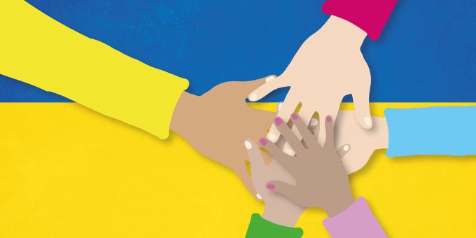 Die Hilfsbereitschaft gegenüber Flüchtenden aus der Ukraine ist gross. Hände Peace gelb blau bunt
