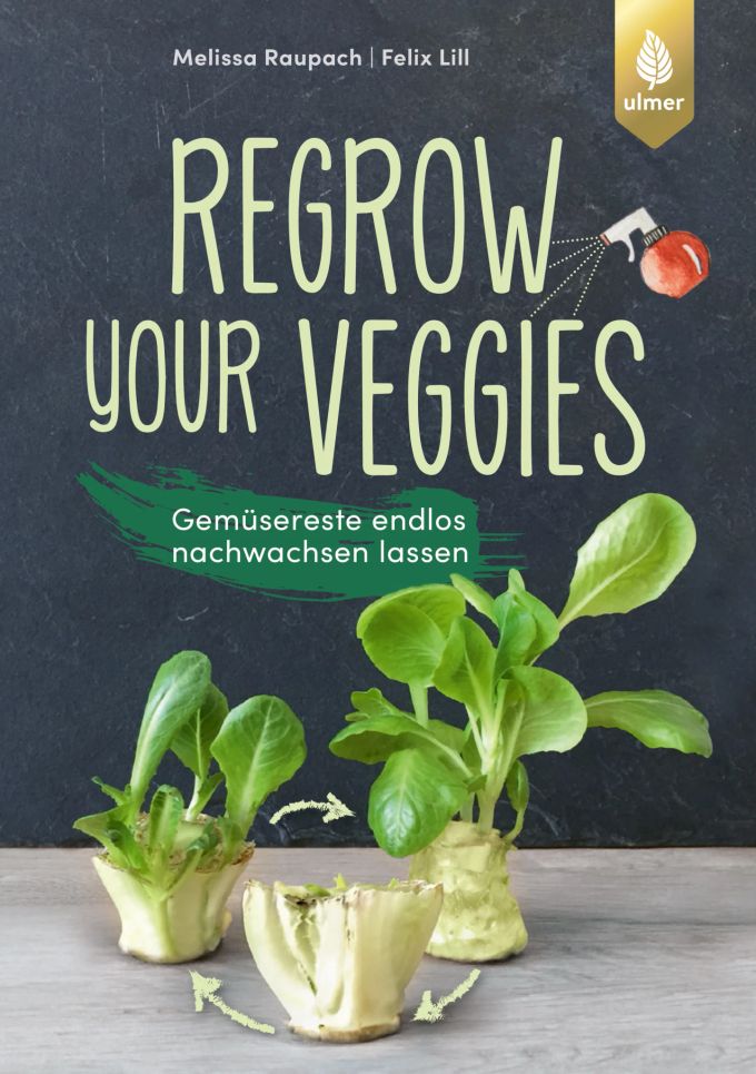 Melissa Raupach, Felix Lill: Regrow your veggies: Gemüsereste endlos nachwachsen lassen, 2018, Ulmer Verlag, 128 Seiten, ISBN: 978-3-8186-0534-6. Buchcover Veggies