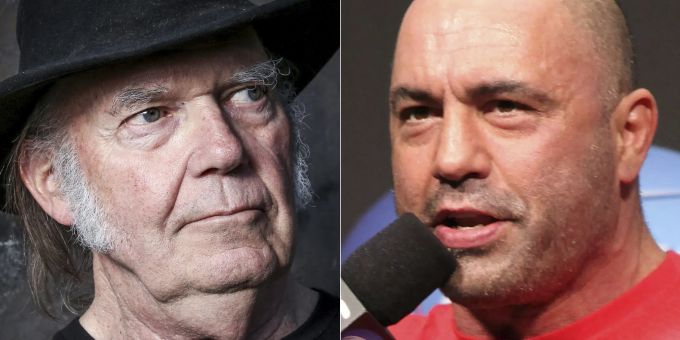 Neil Young (l.) und Joe Rogan (r.). Music Spotify