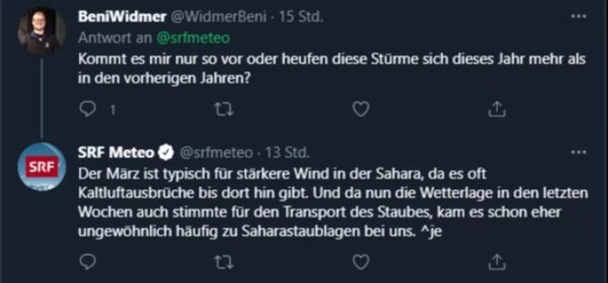 Im Februar zweimal – und nun auch im März. Das Phänomen Saharastaub verblüfft auch Twitter-User Beni Widmer. twitter