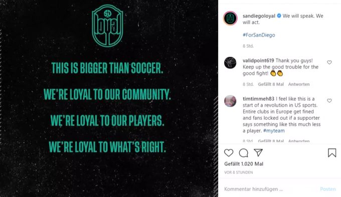 Der Verein meldet sich nach dem Vorfall via Instagram zu Wort. San Diego Loyal