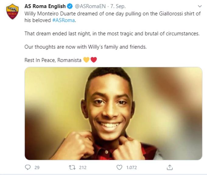 Die AS Roma gedenkt auf Twitter ihres verstorbenen Fans. AS Roma