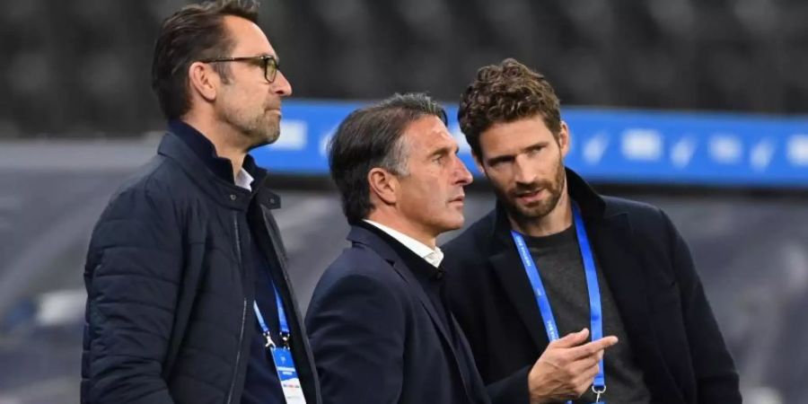 Such für Hertha noch Verstärkungen: Manager Michael Preetz, Trainer Bruno Labbadia und Sportdirektor Arne Friedrich (l-r). Foto: Soeren Stache/dpa-Zentralbild/dpa