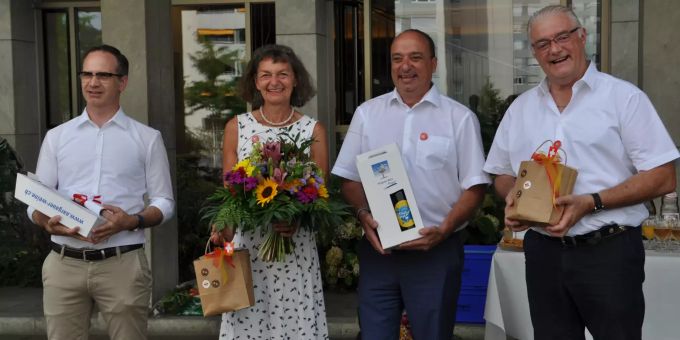 V.l. Patrick Gosteli, Gemeindeammann Böttstein, Grossratspräsidentin Edith Saner, Landammann Dr. Markus Dieth, Roland Kuster, Gemeindeammann Wettingen.