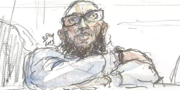 Gerichtszeichnung von Abdelkader Merah Gerichtszeichnung von Abdelkader Merah