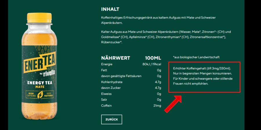 Dieser Warnhinweis ist ab 15 Milligramm Koffein pro 100 Milliliter obligatorisch.