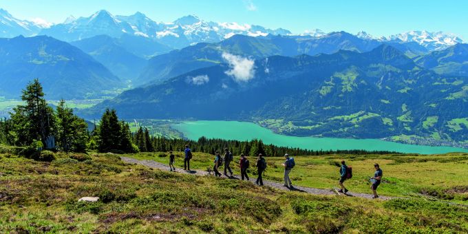 Herrliche Aussicht vom Thunersee bis zu den Berner Alpen. Wanderfreuden auf dem Niederhorn. Ausflug Schweiz Herbst Wandern