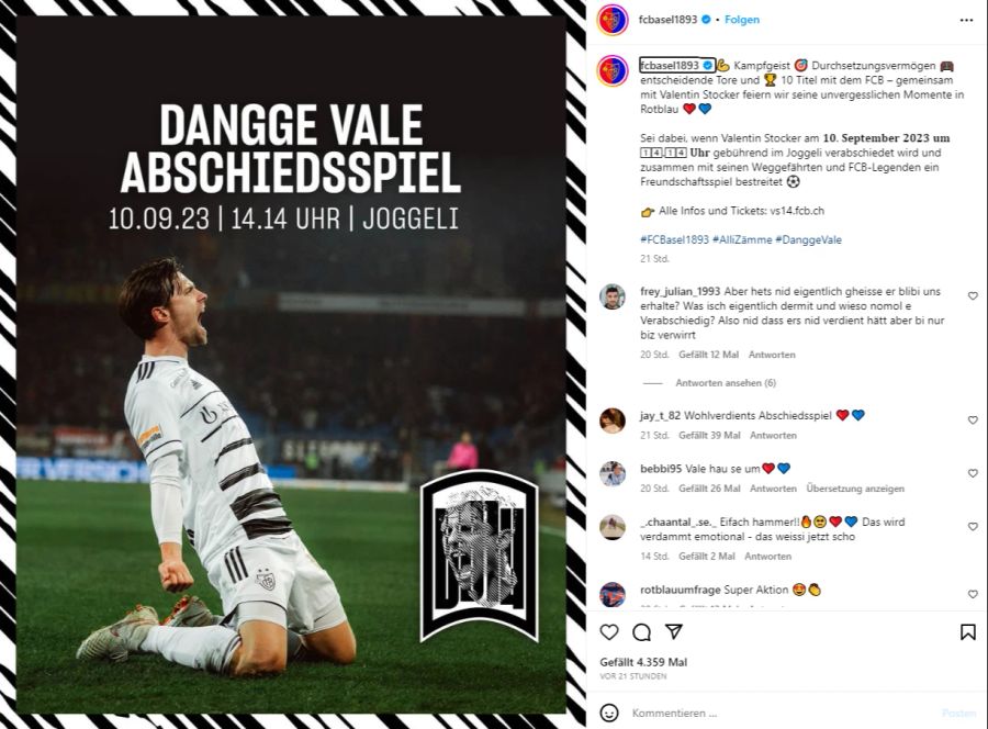 Der FC Basel würdigt die Karriere von Valentin Stocker mit einem Abschiedsspiel am 10. September.