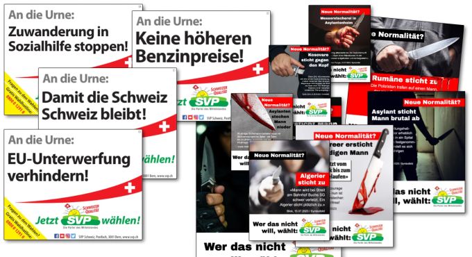 Da waren sie noch originell: SVP-Slogans für die Wahlen 2019 (links), während es bei den Wahlen 2023 zunächst um die unterste Besteckschublade ging. SVP Wahlen 2023