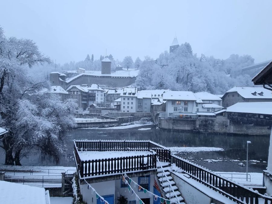 Die Freiburger Unterstadt ist am Freitagmorgen weiss.